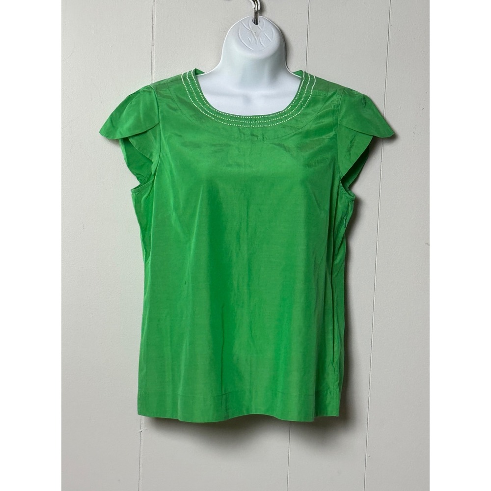 Banana Republic Womens Green Silk Blend Beaded Neckline Petal Sleeve Blouse Sz M